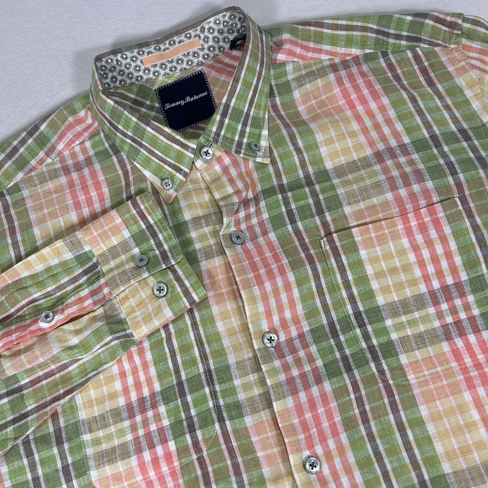 Tommy Bahama Men's XL‎ Green Plaid Button Down Long Sleeve Linen Blend Shirt